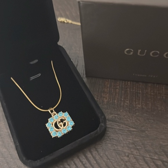 Gucci Authentic Rare & Stunning Blue Rhinestone Pendant w/TWO Nice Chains 😍 - Picture 1 of 8